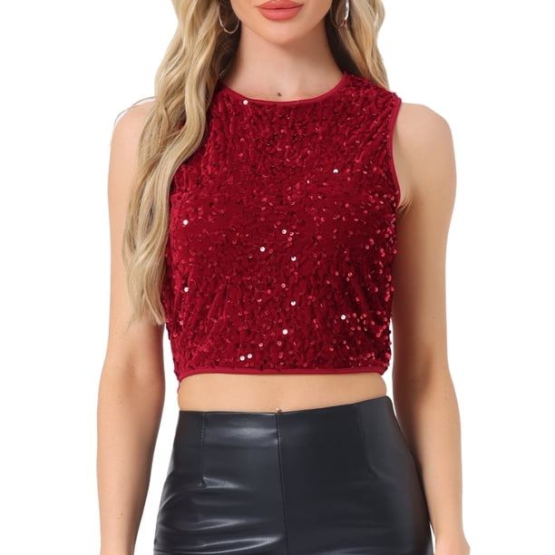 INSPIRAR CHIC Top sin mangas de lentejuelas para mujeres, blusa corta de cuello redondo, brillante y chispeante, para fiestas y salidas nocturnas, color rojo M