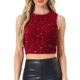 thumbnail image 1 of INSPIRAR CHIC Top sin mangas de lentejuelas para mujeres, blusa corta de cuello redondo, brillante y chispeante, para fiestas y salidas nocturnas, color rojo M, 1 of 6