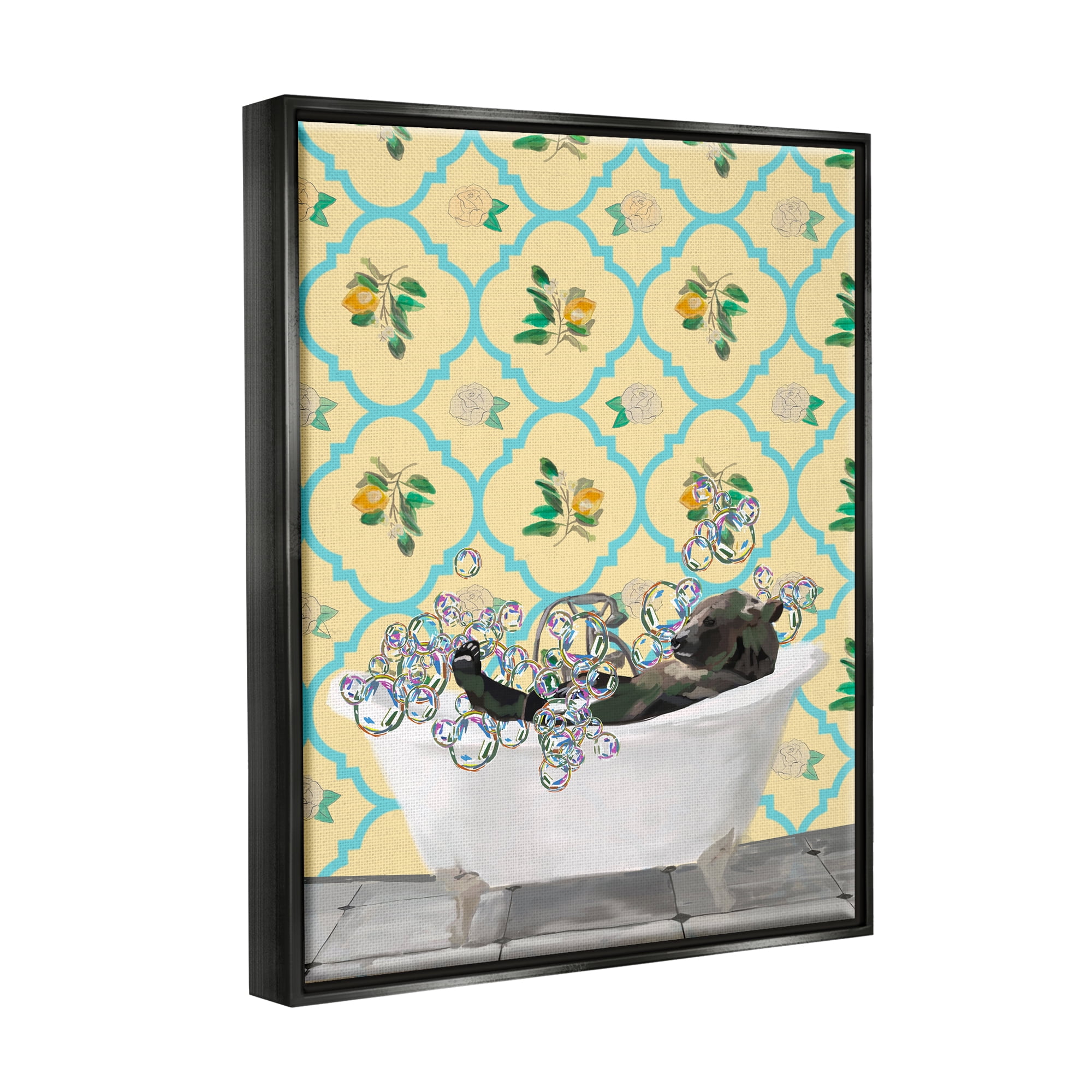 Stupell Industries Bear in Patterned Bathroom Animals & Insects Painting Black Floater Framed Art Print Wall Art, 25 x 31
