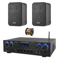 Pyle PDA77BU 4-Channel Home Theater Bluetooth MP3/USB/SD/RCA/AUX FM Radio Receiver, 2x 4" 30 Watt 3-Way Water-Resistant Indoor/Outdoor Speakers (Black), 50 ft Speaker Wire