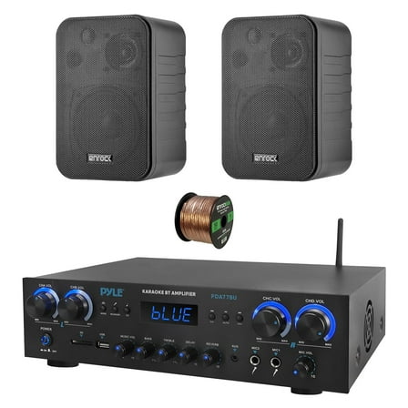 Pyle PDA77BU 4-Channel Home Theater Bluetooth MP3/USB/SD/RCA/AUX FM Radio Receiver, 2x 4" 30 Watt 3-Way Water-Resistant Indoor/Outdoor Speakers (Black), 50 ft Speaker Wire