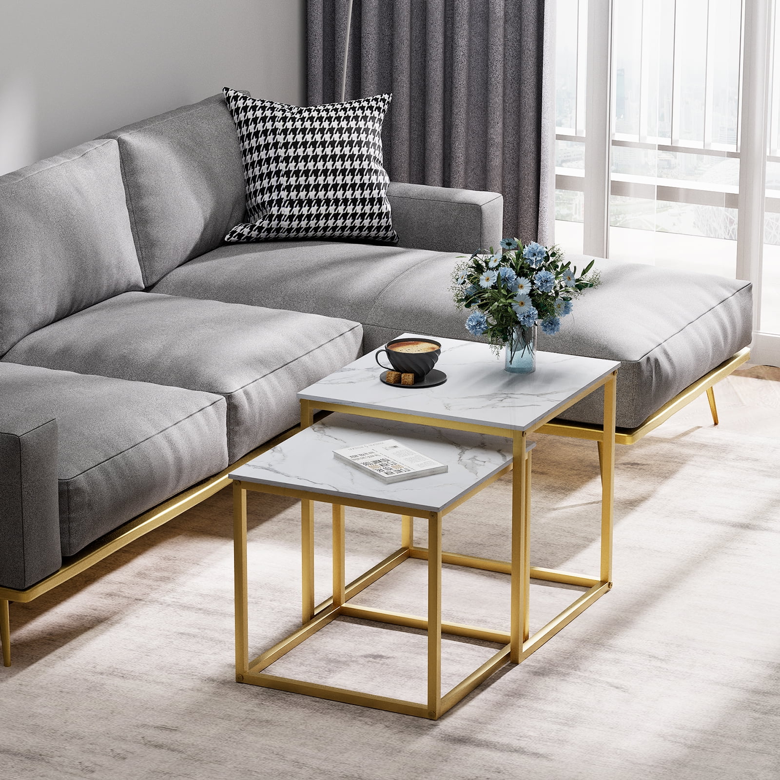Coffee Table Set of 2, Modern Gold Wooden Side Table, Metal Frame Square End Table, Center Tables,Nesting Coffee Table for Living Room,Bedroom and Small Spaces