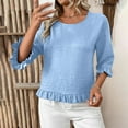 thumbnail image 4 of Breezora Women Round Neck Short Sleeve Blouse Relaxed Drop Shoulder Design Casual Comfortable Linen Look Top S Size Light Blue, 4 of 6