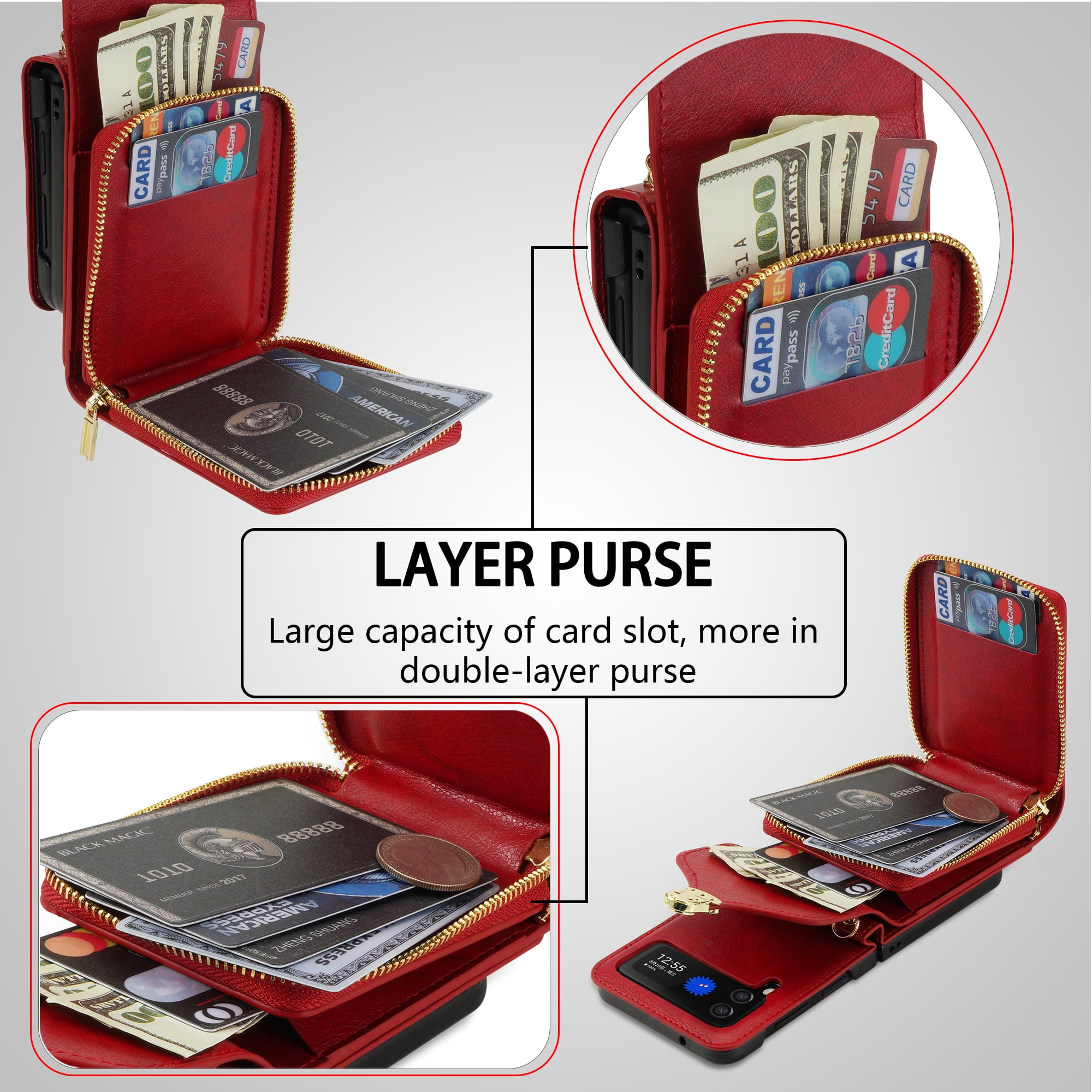 Handbag Wallet Case for Samsung Galaxy Z Flip 6 with Shoulder Strap, with Back Card Slots Holder PU Leather Magnetic Snap Zipper Flip Purse Shockproof Phone Cover for Galaxy Z Flip 6 - Red