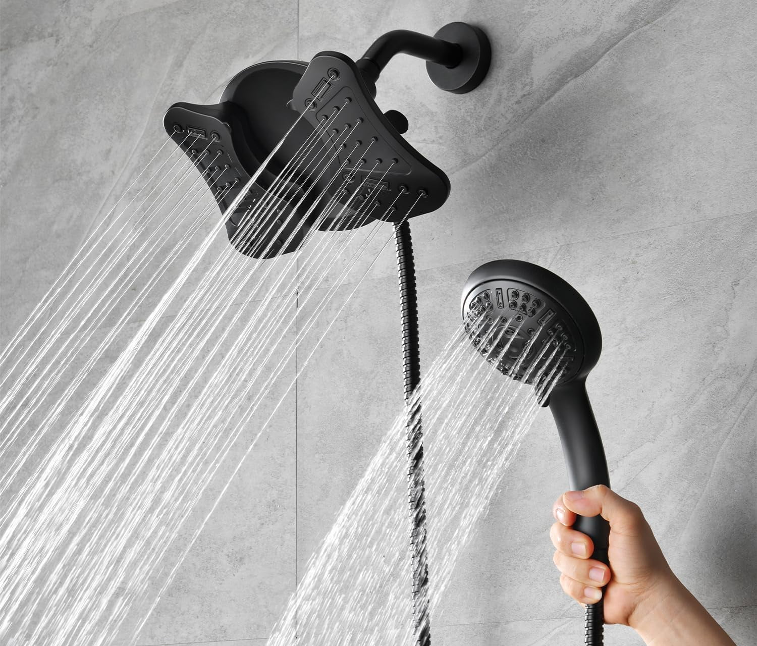 KESTE Shower Head with Handheld Spray Combo: High Pressure 2 in 1 Shower Heads with 60” Hose & 9 Mode Adjustable Handheld Shower, Double Rain Showerhead for Bathroom with Anti-Clog Nozzles, Black