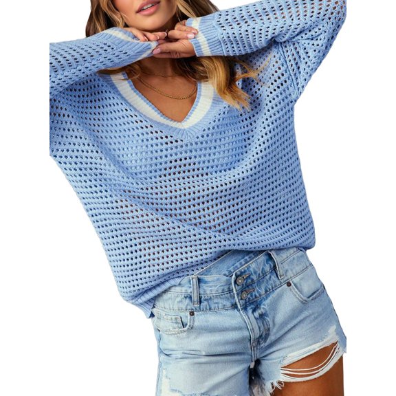 Womens Varsity V Neck Long Sleeve Tennis Sweater Casual Crochet Hollow Out Knit Tops Pullover Shirts Light Blue M