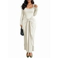 thumbnail image 3 of Women Bodycon Maxi Dress Ruched Long Sleeve Long Dress Cocktail Party Dresses Light Brown M, 3 of 8