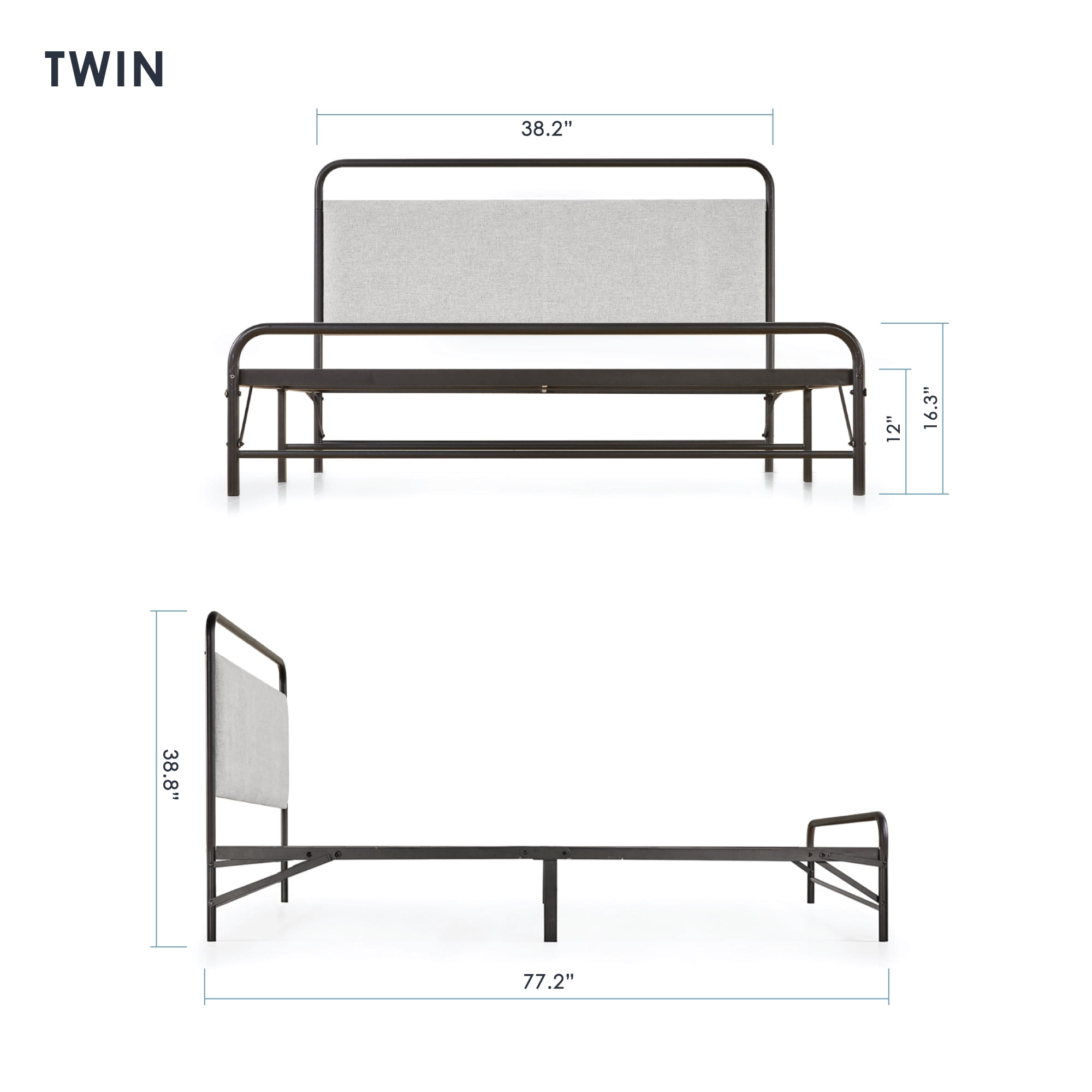 Mellow Nomadi Bifold Metal Platform Bed with Fabric Headboard, Cloud Grey, Twin