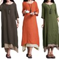 thumbnail image 2 of Las nuevas mujeres de la vendimia vestido de algodón de lino de Split dobladillo irregular floja oca Tomshoo Marrón L, 2 of 7