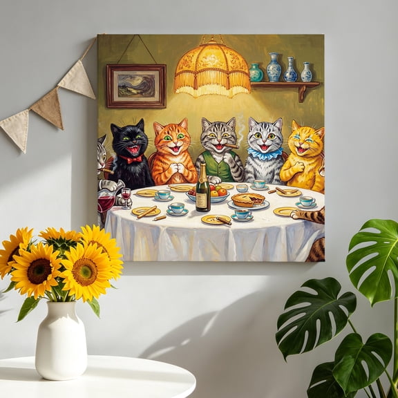 Dining Cats Canvas Wall Art for Living Room, Whimsical Animals Funny Abstract Poster Print Painting for Bedroom Office Home Decoration Wall Pictures Prepare To Hang 12"x12"