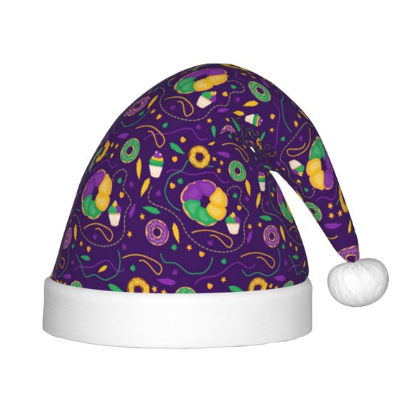 Vsdgher Mardi Gras and Donuts Christmas Hat, Santa Hat for Kids Xmas Holiday Hat Red Classic Christmas New Year Festive Party Supplies