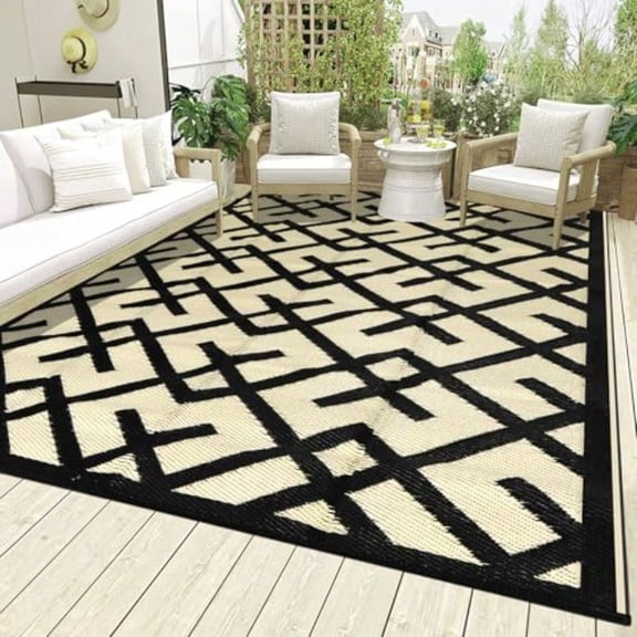 Outdoor Rugs - Reversible Mats 9'x12' Plastic Straw Rug for Patio Clearance Waterproof Indoor Outdoor Area Rug Carpet for Outside RV Deck Picnic Beach Trailer Camping Black Beige