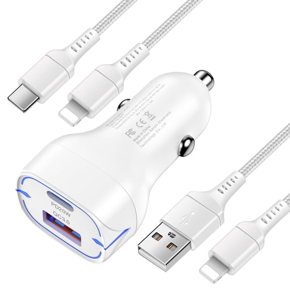 Car Charger, GAEF Dual Port Car Charger USB C,Fast Car Adapter with 6FT USB-C to Charger Cable and USB-A to Charger Cable, Type C and USB fast Charging Compatible for iPhone/iPad/Airpods,White