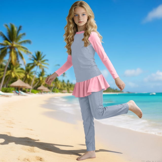 Odeerbi 0-13 Años Niñas 3 Piezas de Manga Larga Rash Guard Conjunto Bloque de Color Upf 50 + Traje de Baño Seco Rápido + Leggings de Baño Con Falda + Gorra de Baño