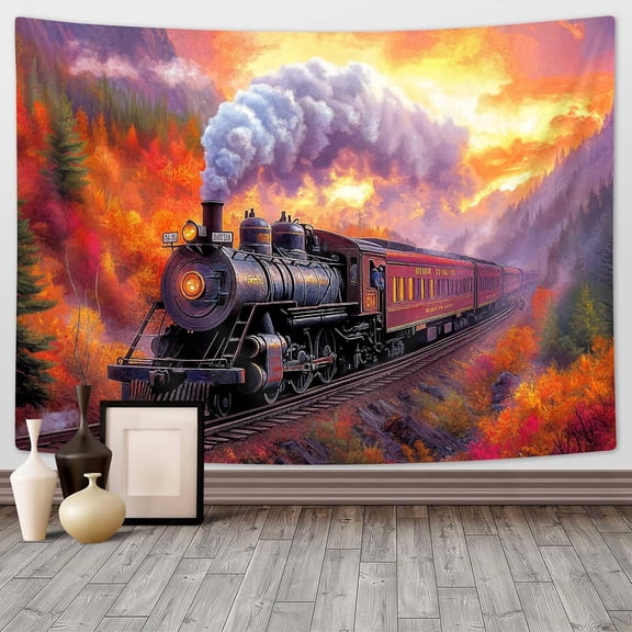 Christmas Steam Train Tapestry,Snow Moon Star Mountain Cabin Railway Tapestries Background,Christmas Trees Wall Hanging for Kids Bedroom Dorm Living Room Decor,60x40In