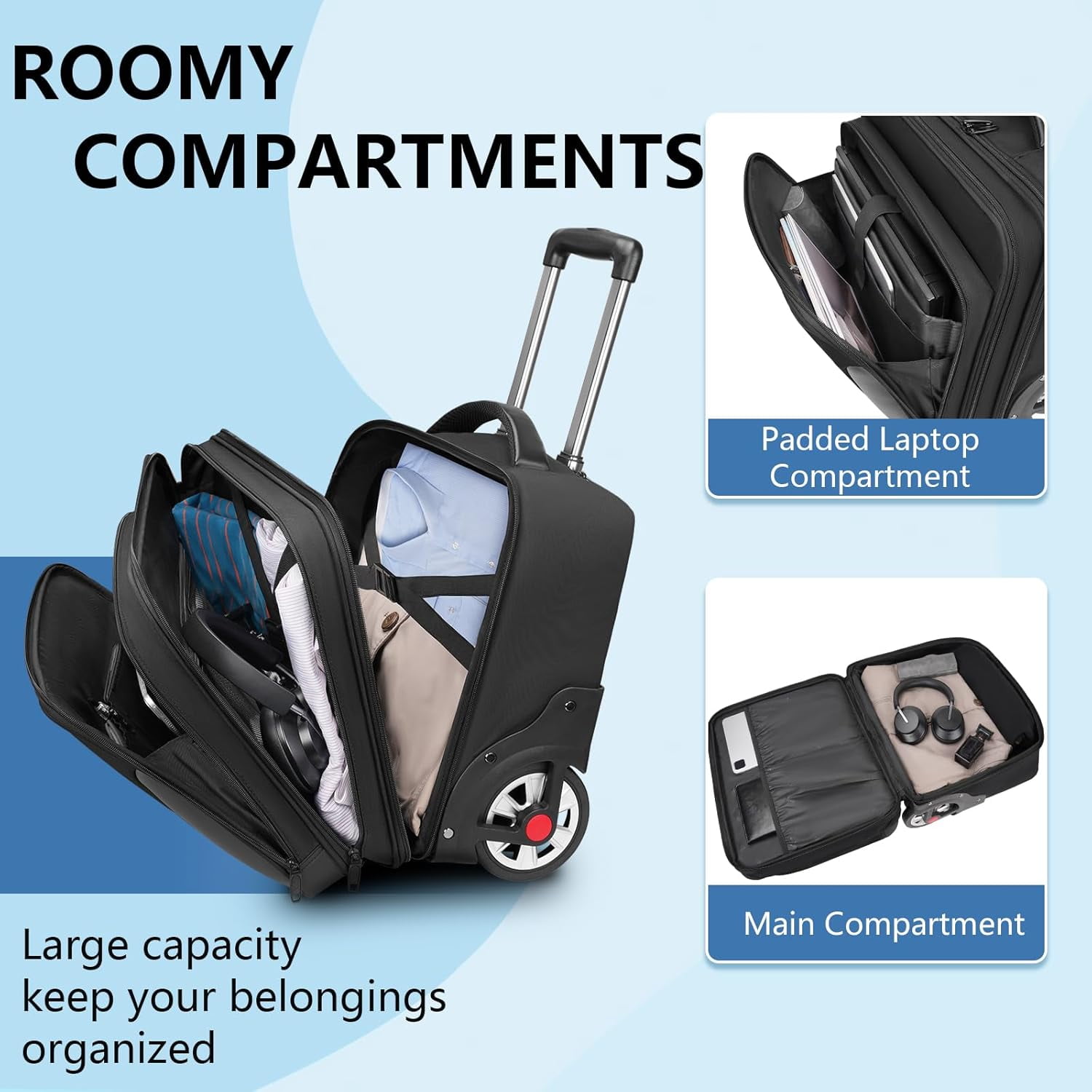 Matein Rolling Laptop Bag for Men, Water-resistant Briefcase with Big Wheels Fits up to 17.3inch Laptop, Black
