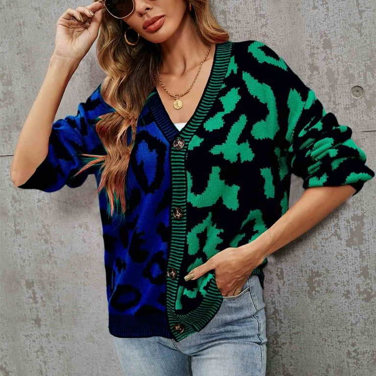 RQYYD Women s Plus Size Leopard Color Block Button Up Cardigan Sweater Long Sleeve Knit Outwear Coat Walmart