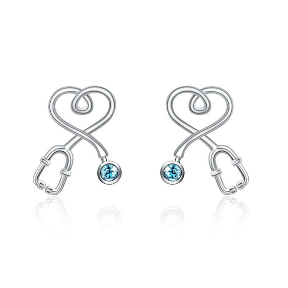 PEIMKO Christmas Gift Nurse Earrings Stud Sterling Silver Stethoscope Earrings with Crystal, Jewelry Gift with Simulated Birthstone for Nurse Doctor Mom Girlfriend