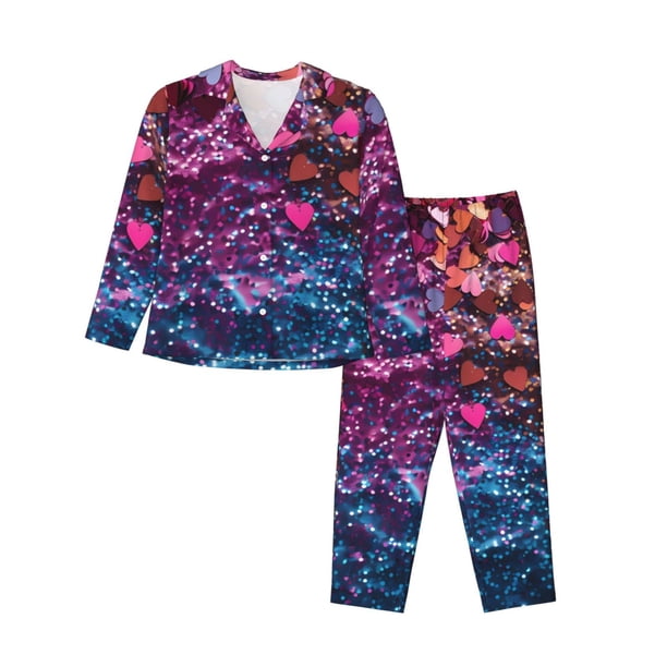 Balery Heart Confetti on Glitter Conjunto de Pijama con Estampado para Mujer, Conjunto de Dos Piezas con Manga Larga, Ropa de Dormir Suave con Bolsillos, Pijamas Cómodos-Small