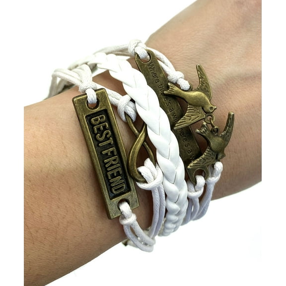Vintage Bronze Infinity Best Friend Swallow Bird White Braided Leather Rope Bracelet