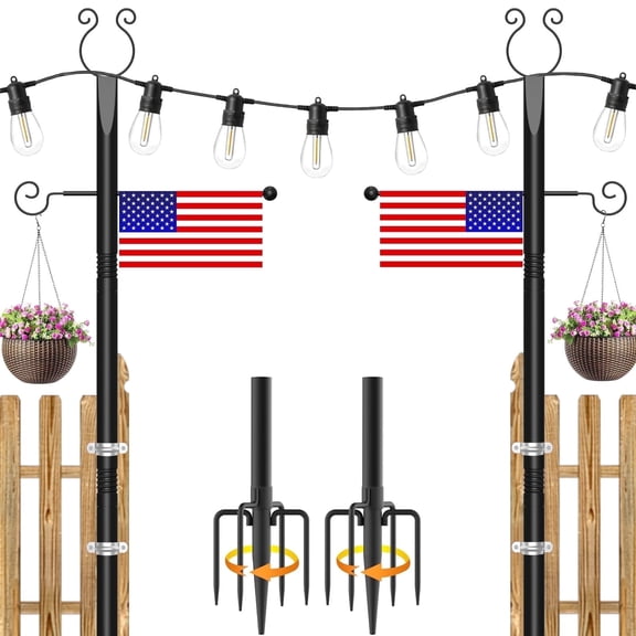 PUCACHI 2-Pack 10ft Outdoor String Light Poles for Patio, Deck, Backyard - Heavy-Duty Metal Poles with Fork Brackets, Weather-Resistant & Adjustable Height - Easy Installation (Black Finish)