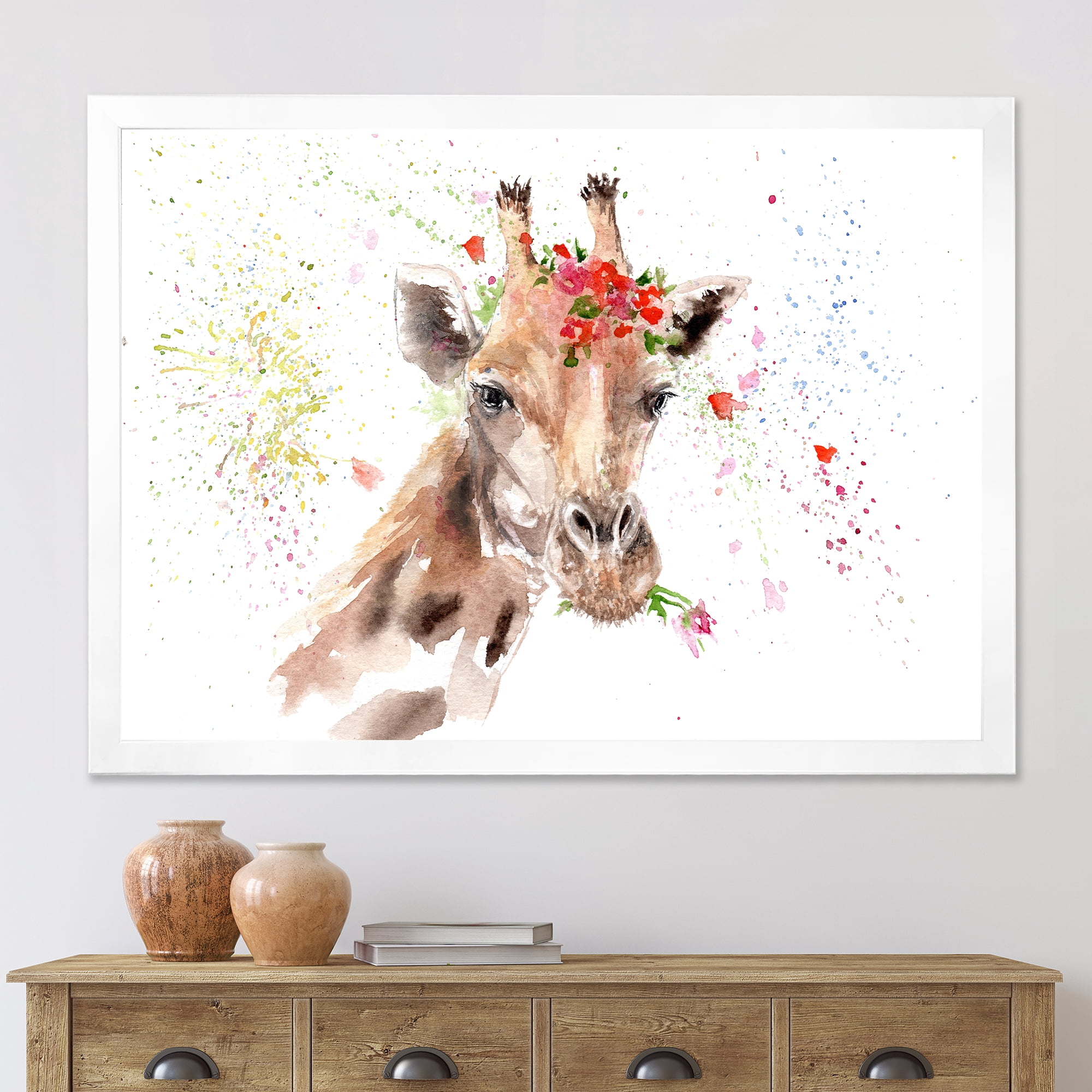 Designart 'Portrait of A Giraffe With Red Flowers II' Farmhouse Framed Art Print