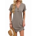 thumbnail image 3 of Robe T-Shirt Décontractée pour Femme à Col en V Mini Robes d'Été à Boutons à Manches Courtes Marron G, 3 of 10