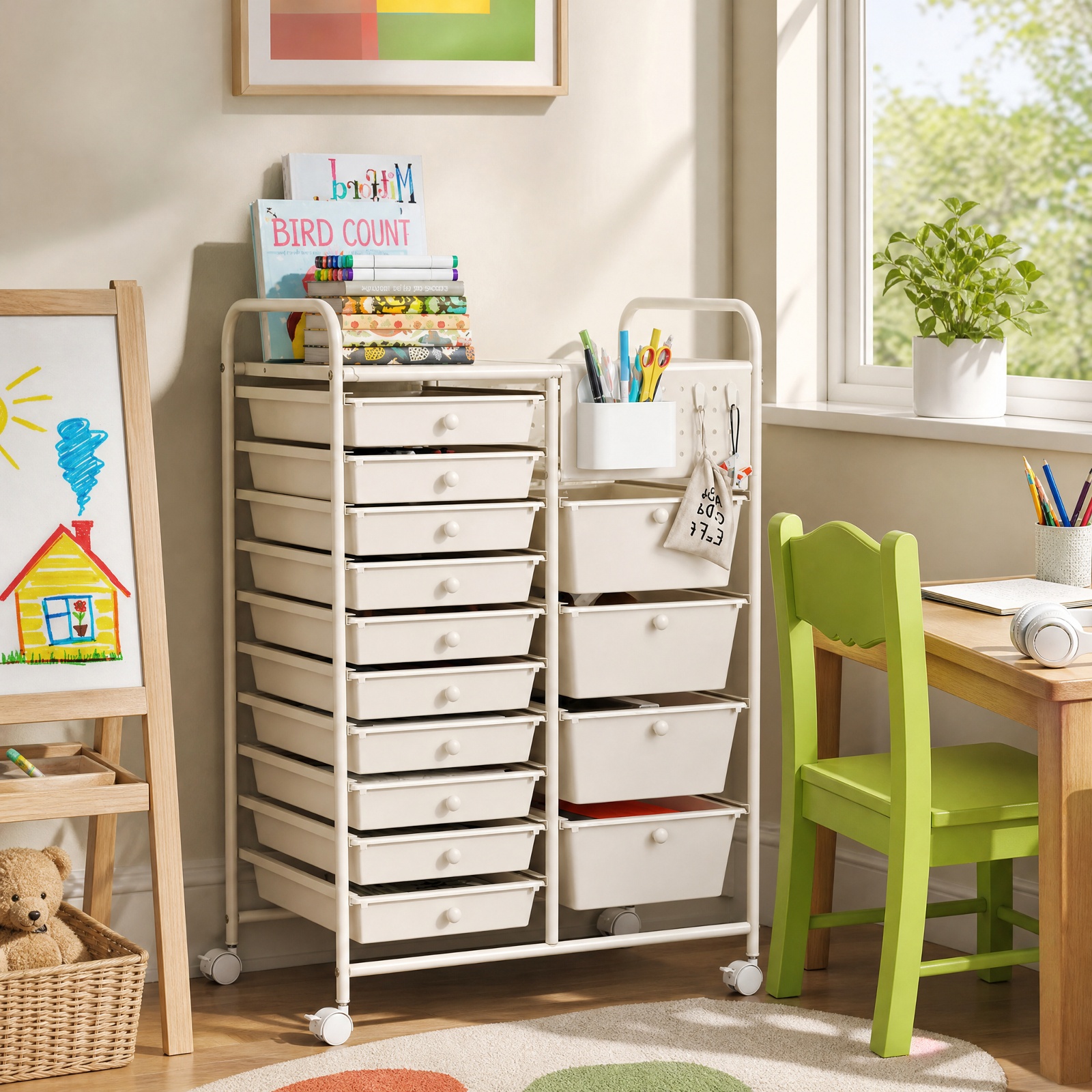 Furnibear 14 Drawer Rolling Storage Cart with Metal Tabletop Pegboard and Locking Wheels for Kitchen Office and Classroom Organizing, White