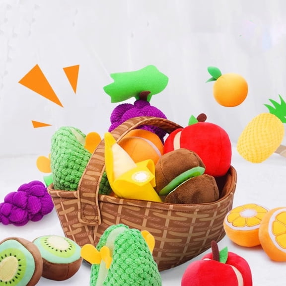 Pretend Play Fruits Stuffed Animals Plush Toys Set, Sensory Kitchen Grocery Playset with Storage Basket for Christmas Birthday New Year Gifts, Easter Basket Stuffer