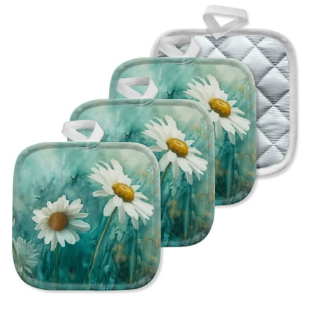 

4 Pack Pot Holders Kitchen Essential Potholder Set Delicate Daisies In A Soft Watercolor Landscape
