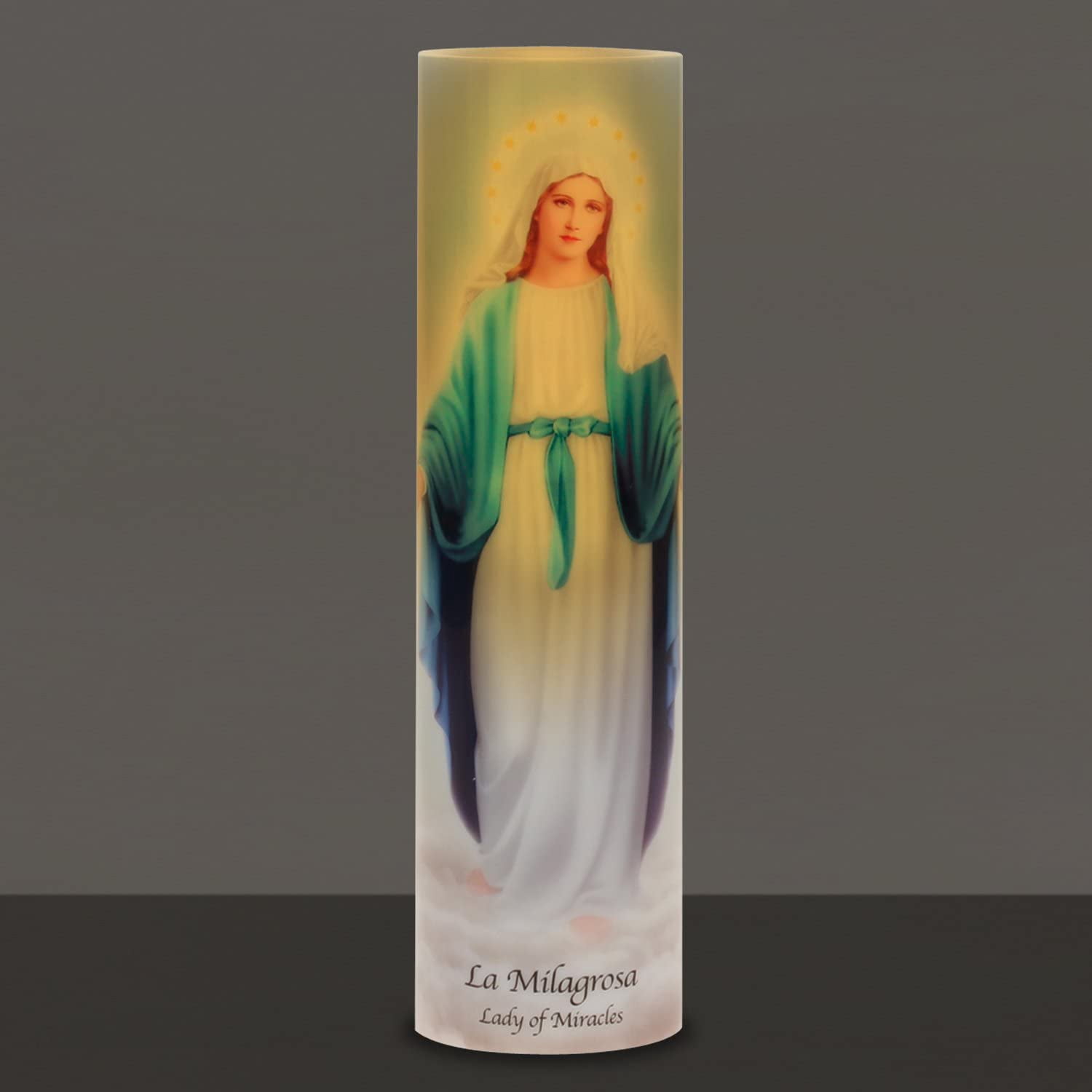 Stonebriar, Flameless LED Prayer Pillar Candle, Lady of Miracles, 11.5", Unscented, Battery Powered, Multicolor
