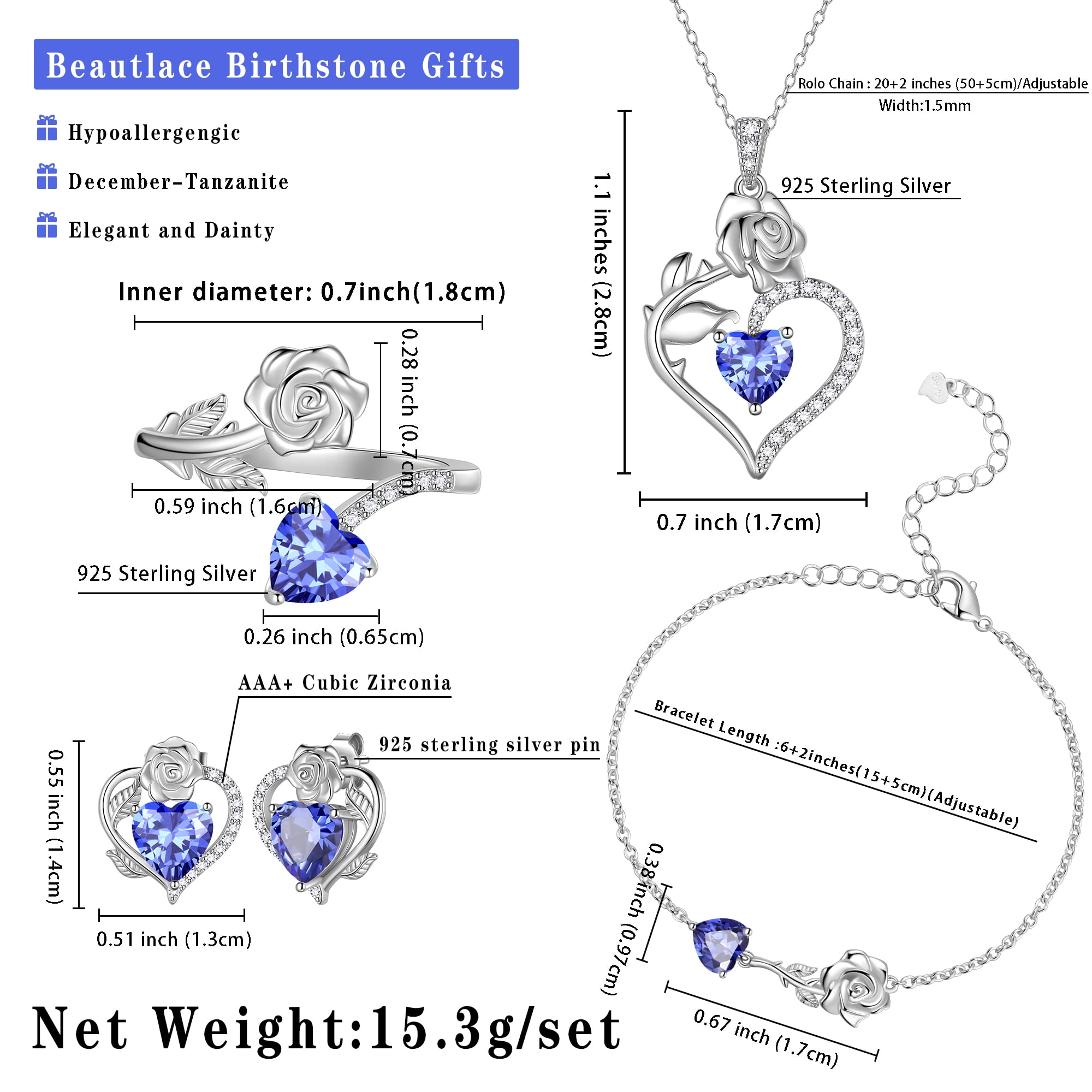 Beautlace Rose Heart Jewelry Set,December Birthstone Rose Flower Heart Necklace/Earrings/Ring/Bracelet Set 925 Sterling Silver Jewelry Birthday Christmas Valentines Mother's Day Gifts for Women Mom