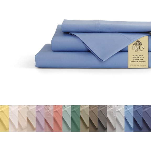 100% Cotton Percale Sheet Set Queen Size Baby Blue Deep Pocket 4 Pieces