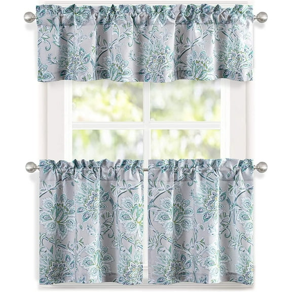 DriftAway 3 Pieces Semi Sheer Rod Pocket Kitchen Window Curtain Set with 2 Tiers, 29" x 24" Each and 1 Valance 58" x 14", Gray