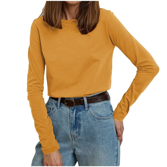 biudgviw Lounge Tops for Women Comfy Long Sleeve Round Neck Solid Color T-Shirts Plus Size Fall Slim Pullover Shirts
