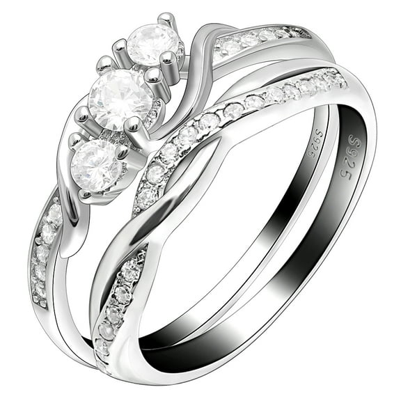 Wedding Ring Set for Women Sterling Silver 3 Stone Engagement Ring Ginger Lyne Collection