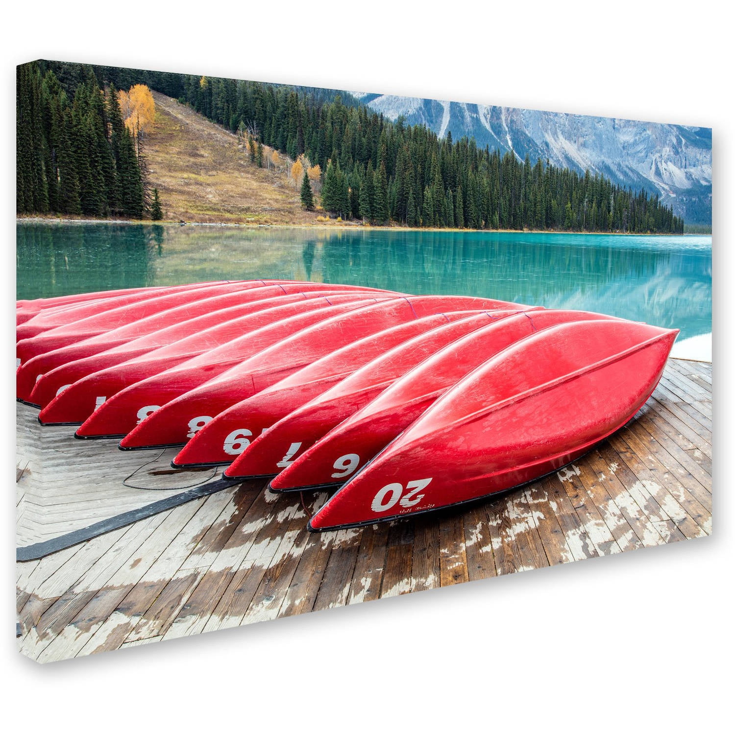 Trademark Fine Art 'Red Canoes of Emerald Lake' Canvas Art by Pierre Leclerc