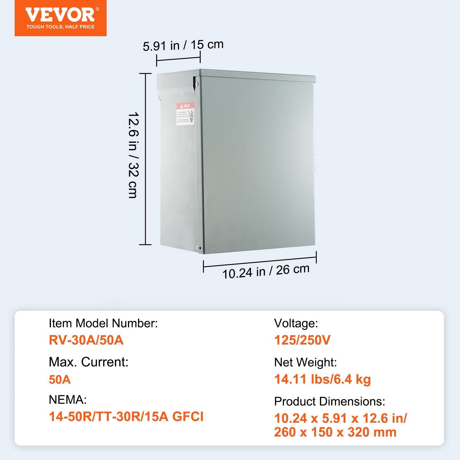 Portable RV Power Distribution Panel, 125V/250V, 20A/30A/50A Receptacles, NEMA 14-50R & TT-30R, GFCI, UL Certified for Campers