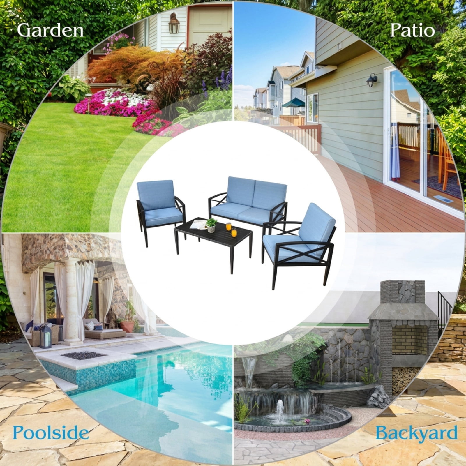 Biotree 4 Piece Patio Furniture Set aluminum frame cushioned sofa outdoor conversation set with side table for garden backyard and porch