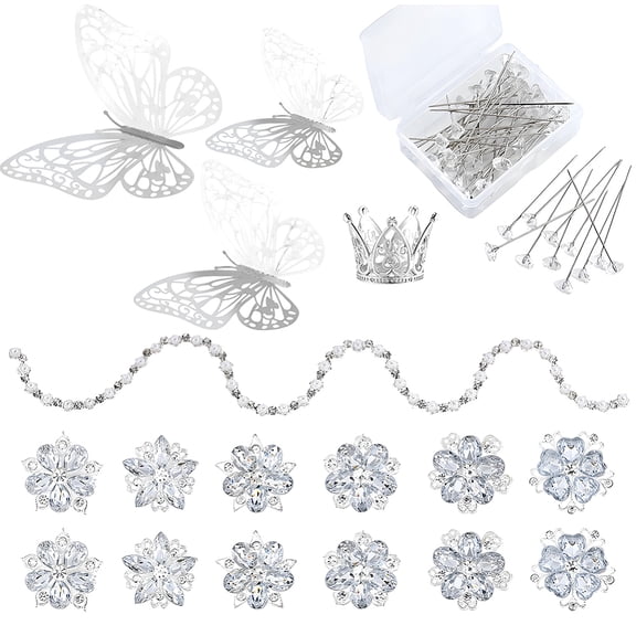 Silver Rhinestone Brooches for Crafts Flower Brooch Bouquet Pins with 3D Butterflies Alloy Bling Corsage Stick Jewelry Floral Pins Set