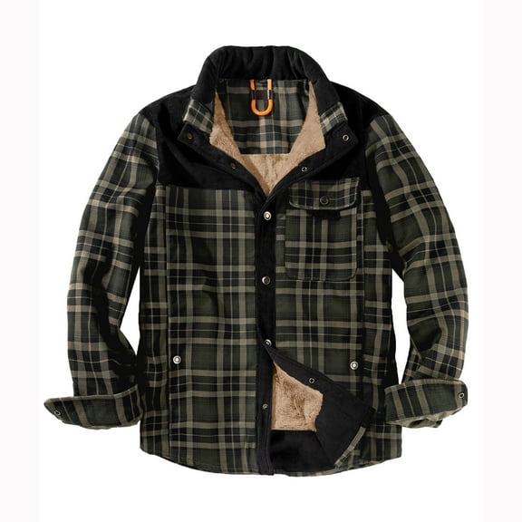 WREESH Fashion Winter Jacket Men'S Button Opening and Closing Fleecing Plaid Coat Long Sleeve Stand Collar Jacket Olive Green