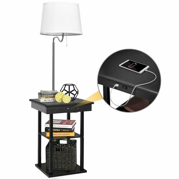 Gymax Floor Lamp End Table Modern Bedside Nightstand Desk with USB
