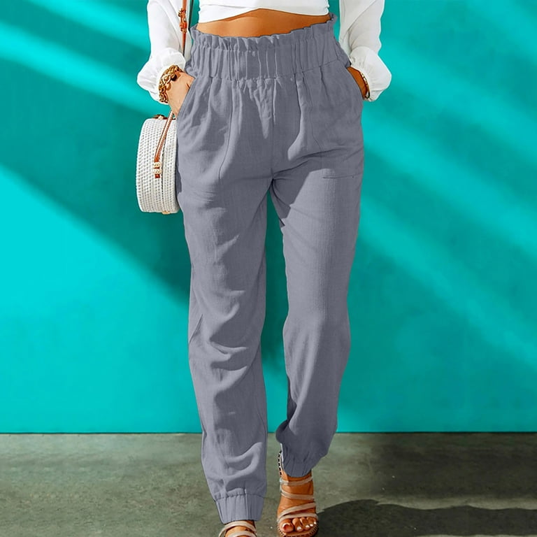 Clearance RYRJJ Womens Casual Loose Cotton Linen Pants Comfy Work Trousers with Pockets Ruffle Elastic High Waist Tapered Pants Gray 3XL