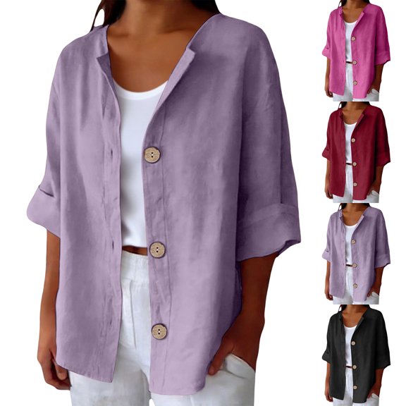 Only Moment Blouses for Women 3/4 Sleeve V Neck Wash Cotton Blouses Business Casual Tops Zip Front V Neck Work Shirts Loose Fit Tunic Tops Hot Pink,S