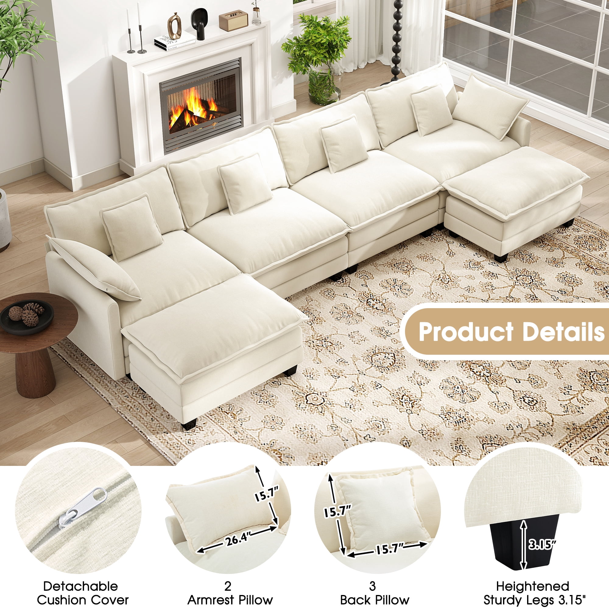 BedLuxury 146.5'' U shape Modular Sectional Sofa with Movable Ottomans, Modern Chenille Deep Seat Couches for Living Room, Apartment, Office, 4-Seat, Beige