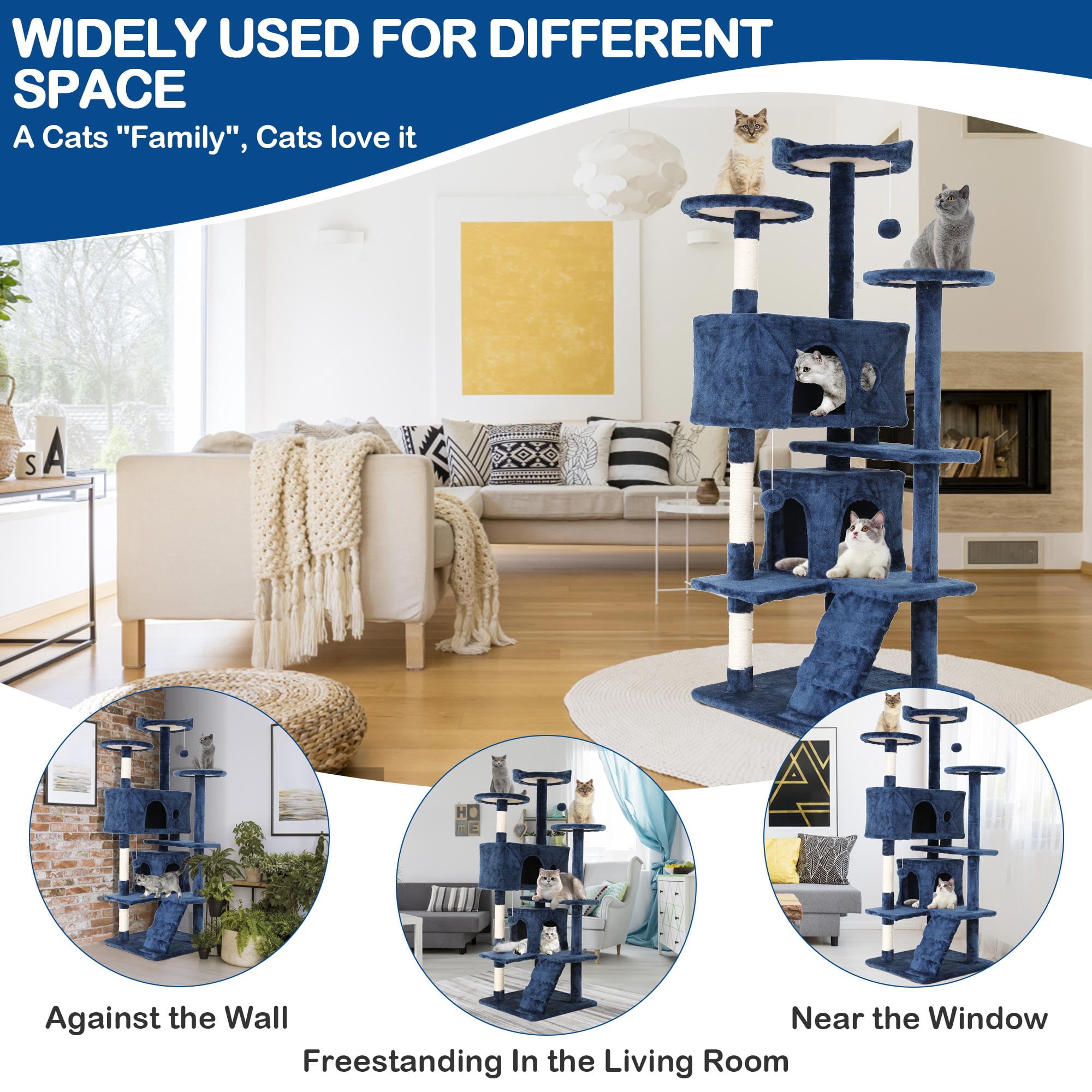 CL.HPAHKL 54In Cat Tree Tower for Large Cats, Cat Climbing Tower Cat Scratching Tree with Cat Scratching Stand, Big Cat Tree House Funny Toys for Kittens Pet(Navy Blue)