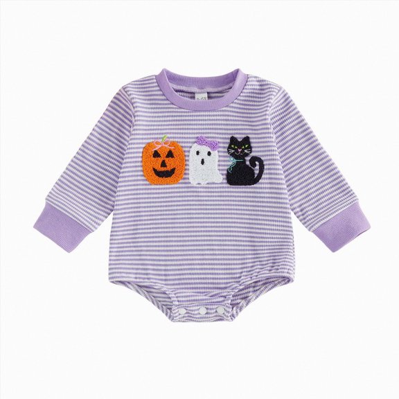 YDFCWXW Baby Girls Romper Long Sleeve Round Neck Halloween Print Sweatshirt Romper (Purple, 6-12 Months)