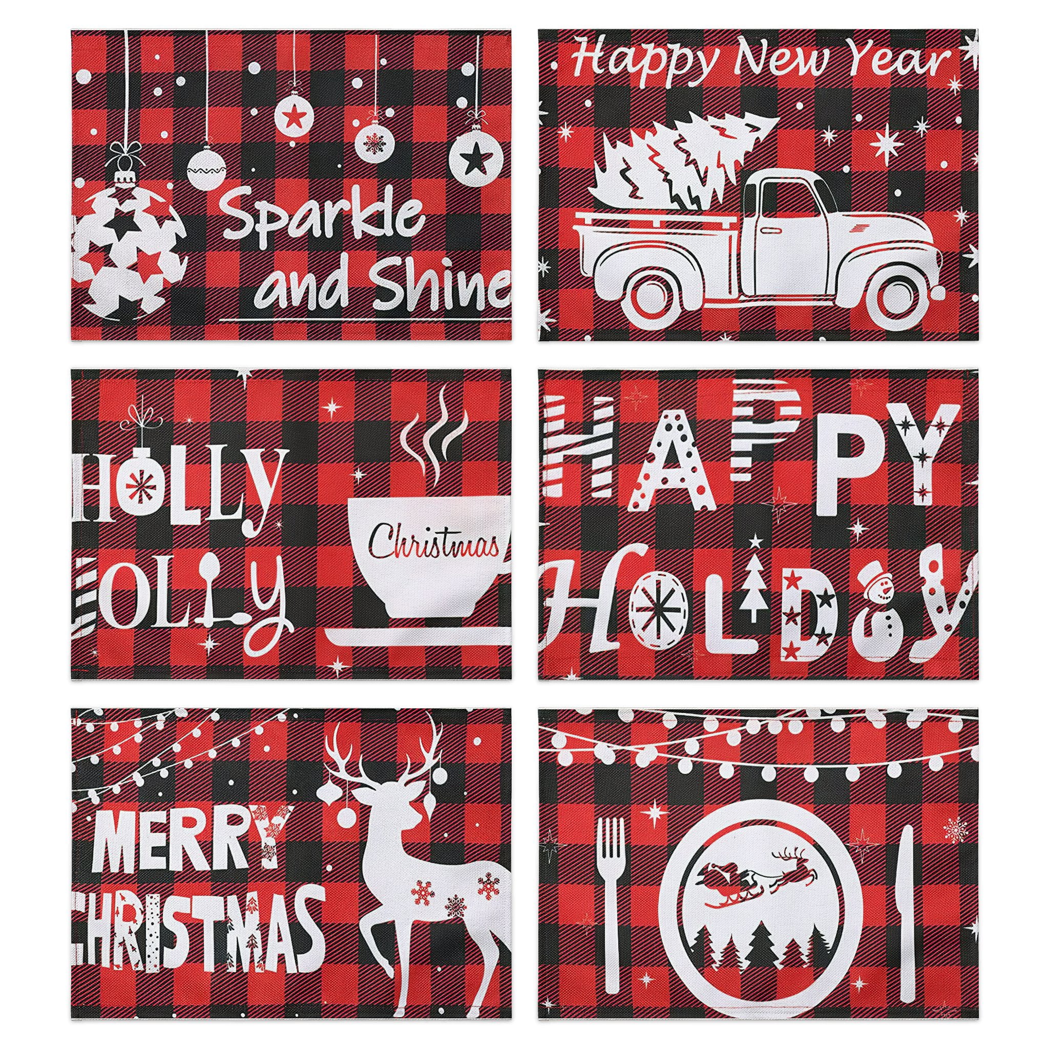 JOOCAR Christmas Placemats, Red and Black Buffalo Plaid Truck Elk