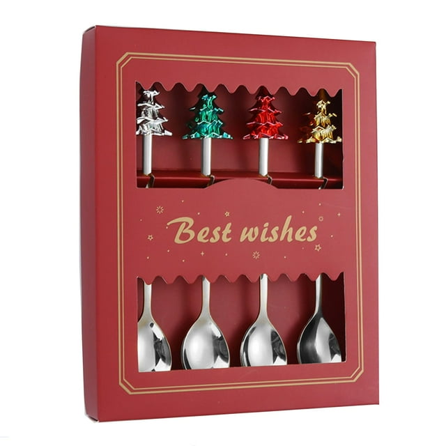 WJCA 4-Piece Festive Utensil Set, Elegant Spoons and Forks with Tree Motif for Dining and Dessert, Holiday Tableware Collection, Sliver Design