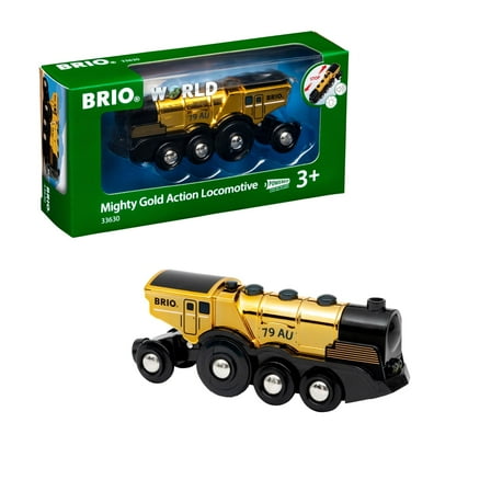BRIO World 33630 Mighty Golden Action Locomotive | Battery Operated Toy Train with Light and Sound Effects for Kids Age 3 and Up, Gold